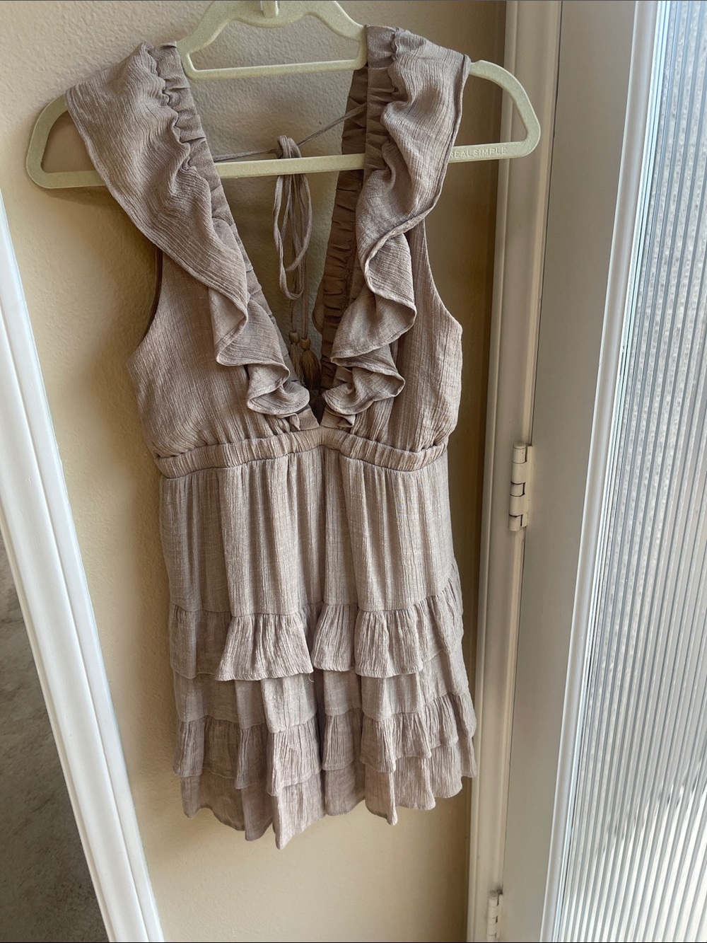 Ruffled V-Neck Mini Dress in Taupe